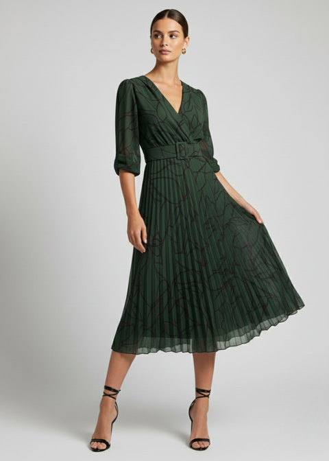 Marc Angelo Print Pleated Midi Dress in Green MA5282