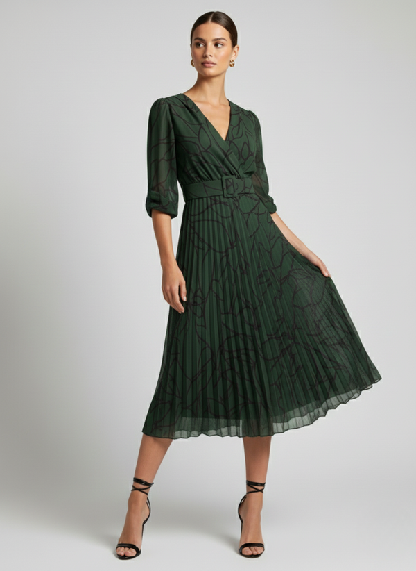 Marc Angelo Print Pleated Midi Dress in Green MA5282