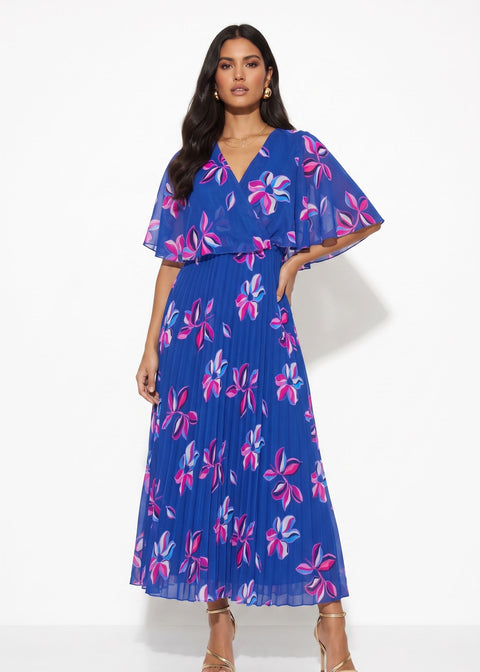 MA3225 FLORAL PLEATED MAXI DRESS IN BLUE