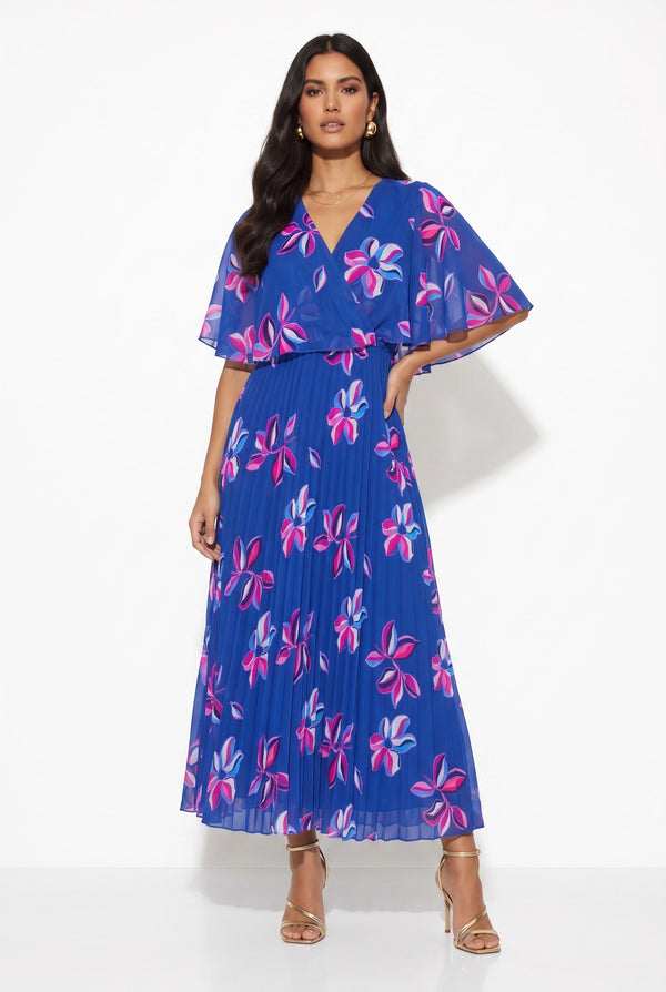 MA3225 FLORAL PLEATED MAXI DRESS IN BLUE