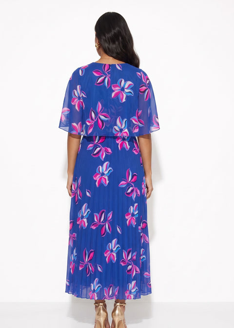 MA3225 FLORAL PLEATED MAXI DRESS IN BLUE