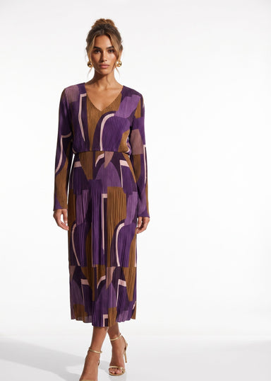 MA5837 Pleated V-Neck Midi Dress PURPLE + BROWN - Marc Angelo