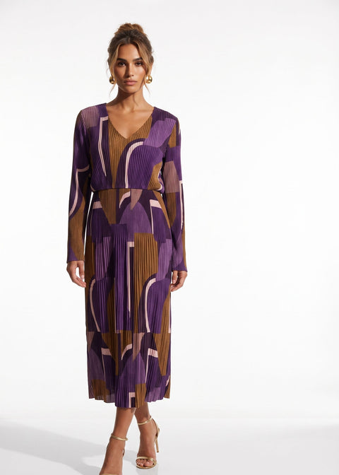 MA5837 Pleated V-Neck Midi Dress PURPLE + BROWN