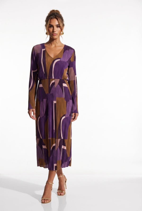 MA5837 Pleated V-Neck Midi Dress PURPLE + BROWN