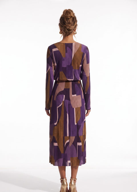 MA5837 Pleated V-Neck Midi Dress PURPLE + BROWN