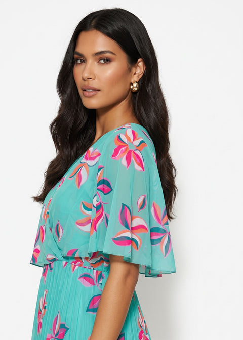 MA3225 FLORAL PLEATED MAXI DRESS IN AQUA