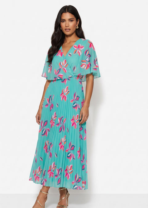 MA3225 FLORAL PLEATED MAXI DRESS IN AQUA