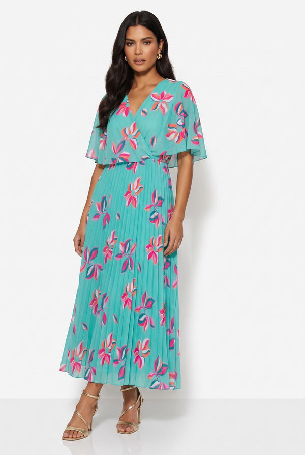 MA3225 FLORAL PLEATED MAXI DRESS IN AQUA