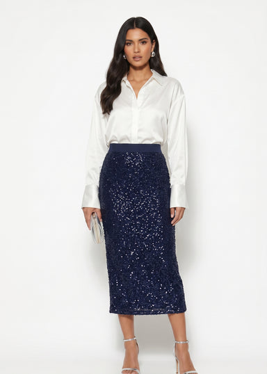 Marc Angelo SEQUIN MIDI SKIRT MA33213 NAVY
