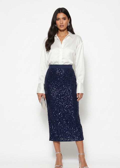 Marc Angelo SEQUIN MIDI SKIRT MA33213 NAVY