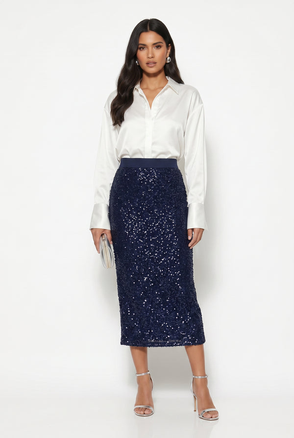 Marc Angelo SEQUIN MIDI SKIRT MA33213 NAVY