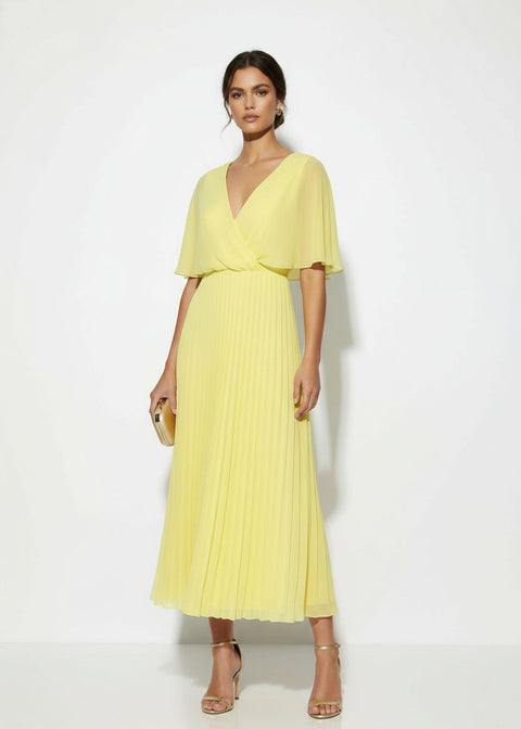 MA38890 YELLOW PLEATED CHIFFON MIDI DRESS
