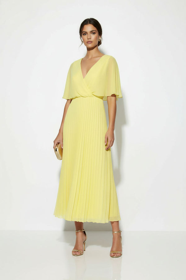 MA38890 YELLOW PLEATED CHIFFON MIDI DRESS