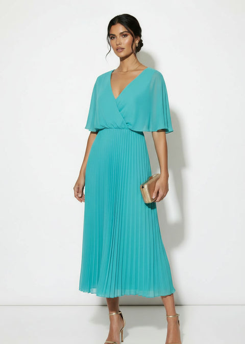 MA38890 AQUA PLEATED CHIFFON MIDI DRESS