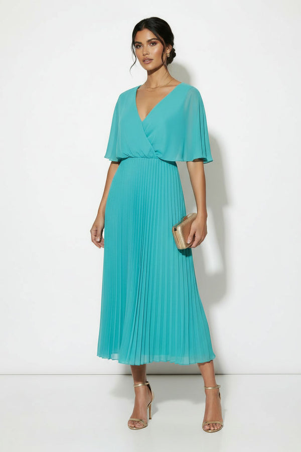 MA38890 AQUA PLEATED CHIFFON MIDI DRESS - Marc Angelo