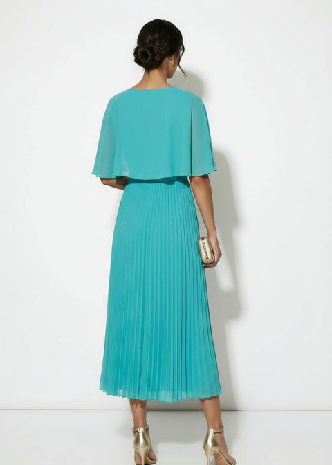 MA38890 AQUA PLEATED CHIFFON MIDI DRESS