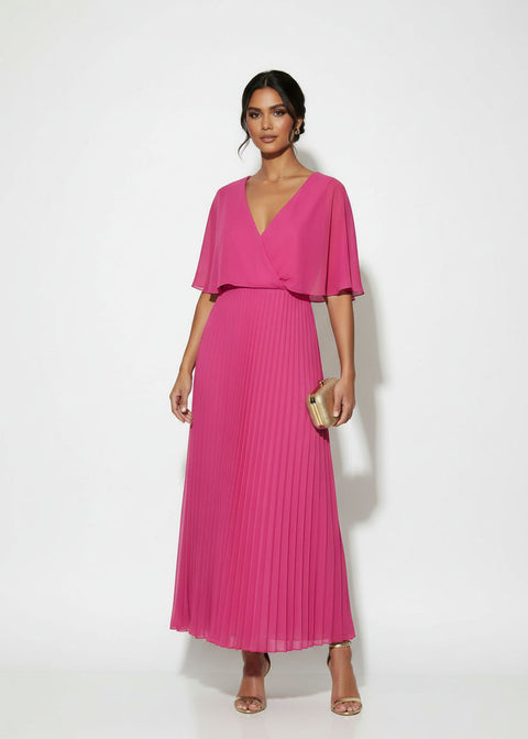MA38890 FUSCHIA PLEATED CHIFFON MIDI DRESS