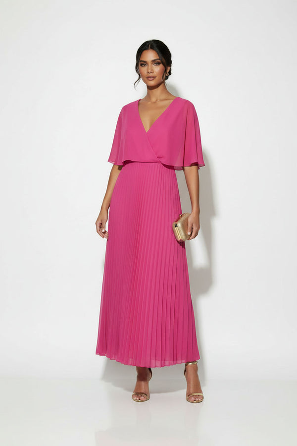 MA38890 FUSCHIA PLEATED CHIFFON MIDI DRESS