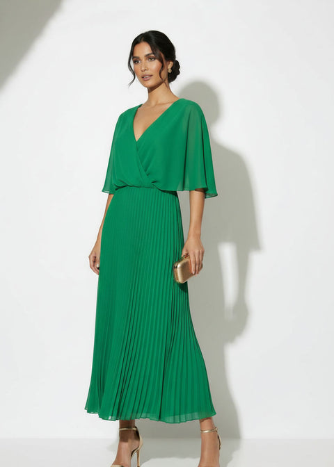 MA38890 GREEN PLEATED CHIFFON MIDI DRESS