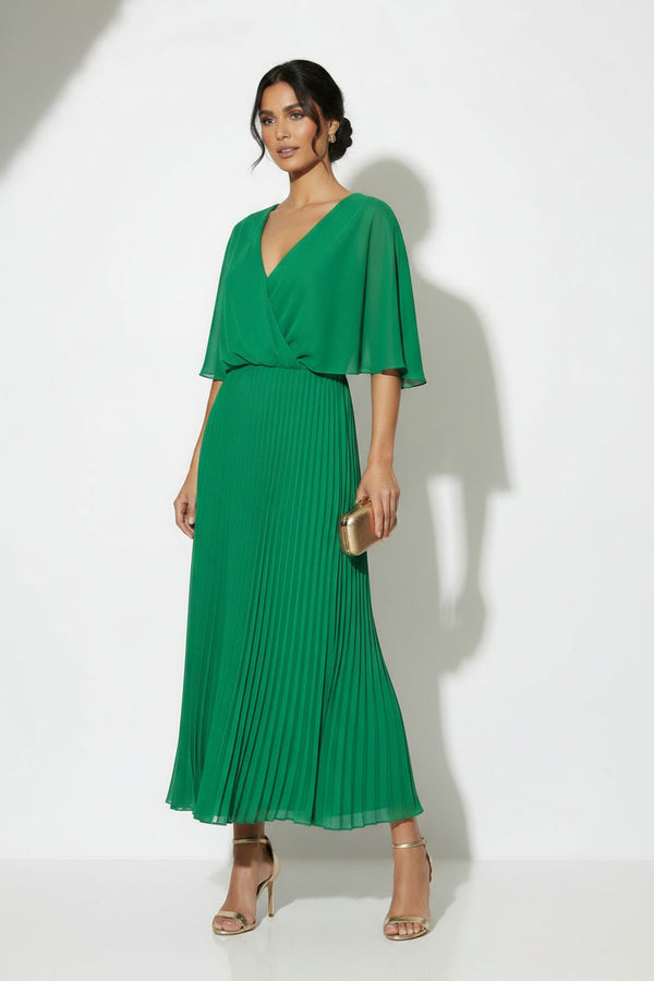 MA38890 GREEN PLEATED CHIFFON MIDI DRESS - Marc Angelo