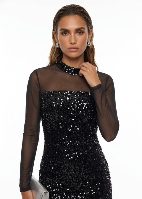 MA41101 Sequin Mesh Long Sleeve Dress IN BLACK