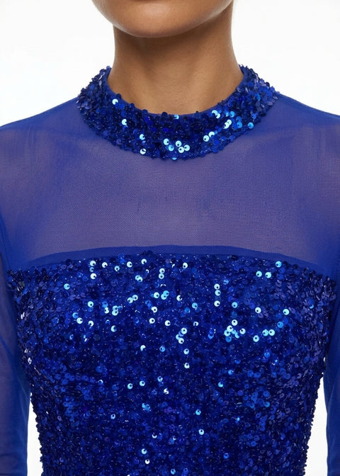 MA41101 Sequin Mesh Long Sleeve Dress IN BLUE