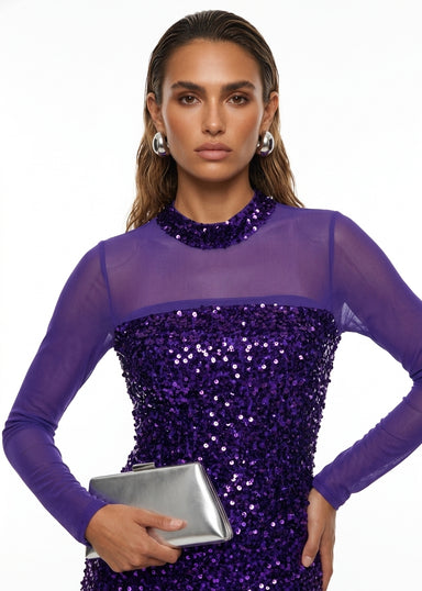 MA41101 Sequin Mesh Long Sleeve Dress IN PURPLE
