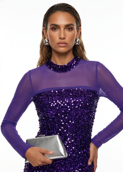 MA41101 Sequin Mesh Long Sleeve Dress IN PURPLE