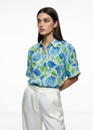 MA42279-T413 Shell Print Short Sleeve Button-Down Shirt - Marc Angelo