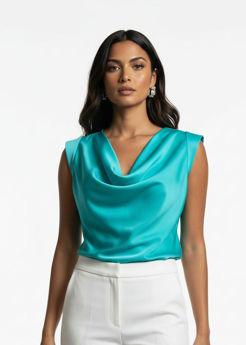 MA7214  Cowl Neck Blouse Turquoise - Marc Angelo