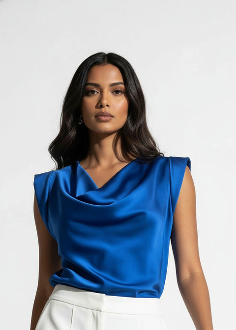 MA7214  Cowl Neck Blouse Royal Blue - Marc Angelo