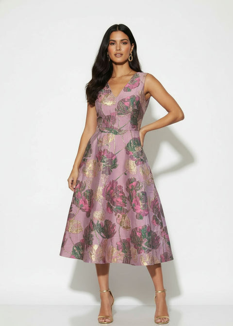 MA811946 PNKFloral Brocade V-Neck Midi Dress