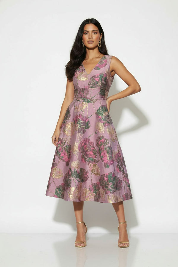 MA811946 PNKFloral Brocade V-Neck Midi Dress - Marc Angelo