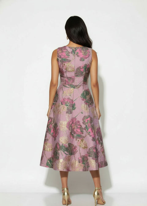 MA811946 PNKFloral Brocade V-Neck Midi Dress