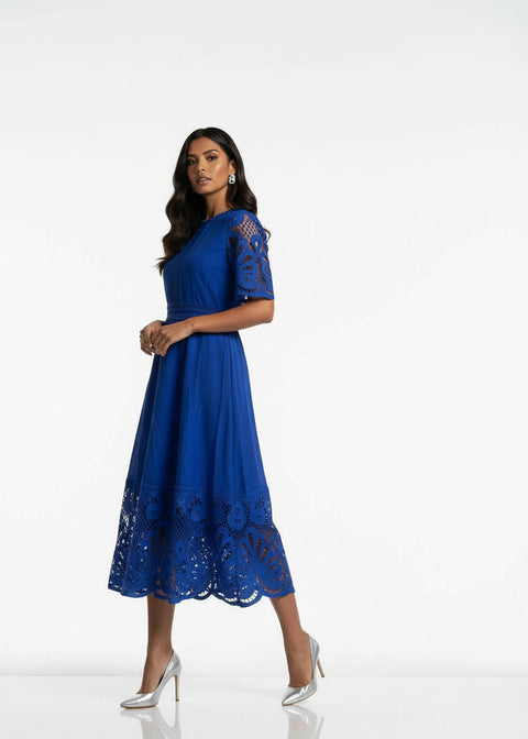 MA811975 BLU Guipure Lace Trim Midi Dress