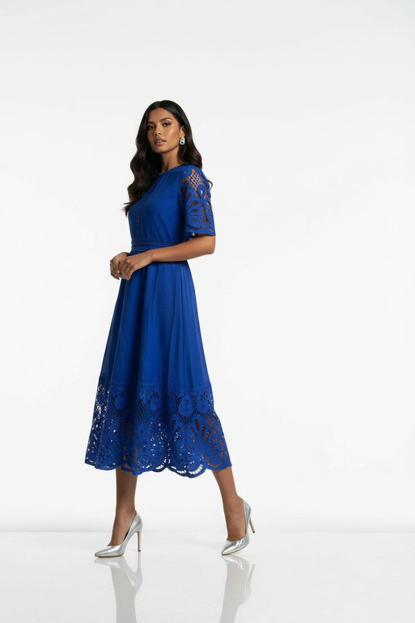 MA811975 BLU Guipure Lace Trim Midi Dress