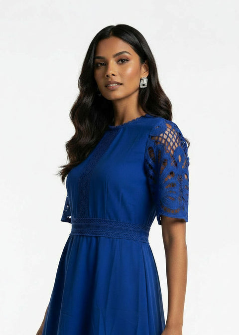 MA811975 BLU Guipure Lace Trim Midi Dress