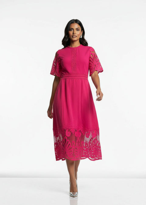 MA811975 PNK Guipure Lace Trim Midi Dress
