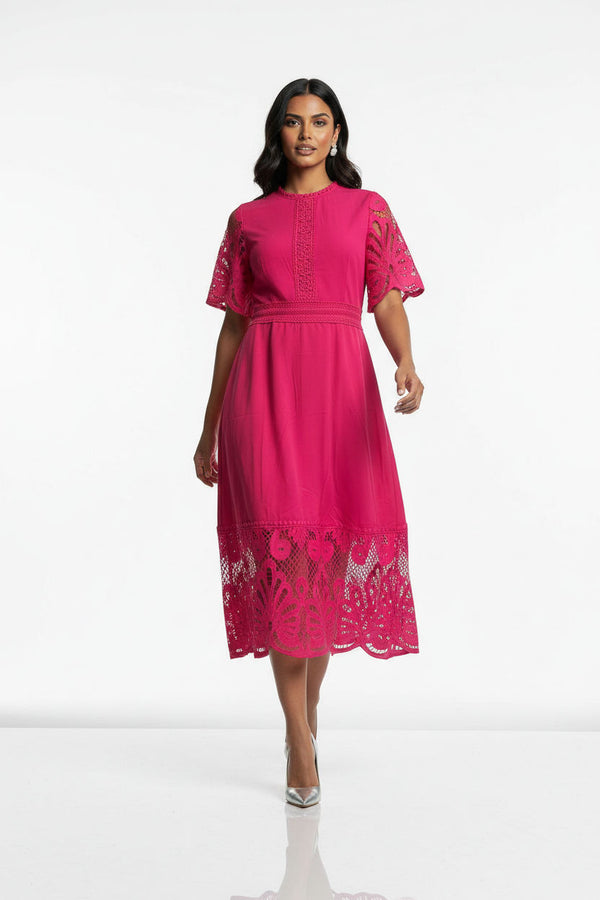 MA811975 PNK Guipure Lace Trim Midi Dress