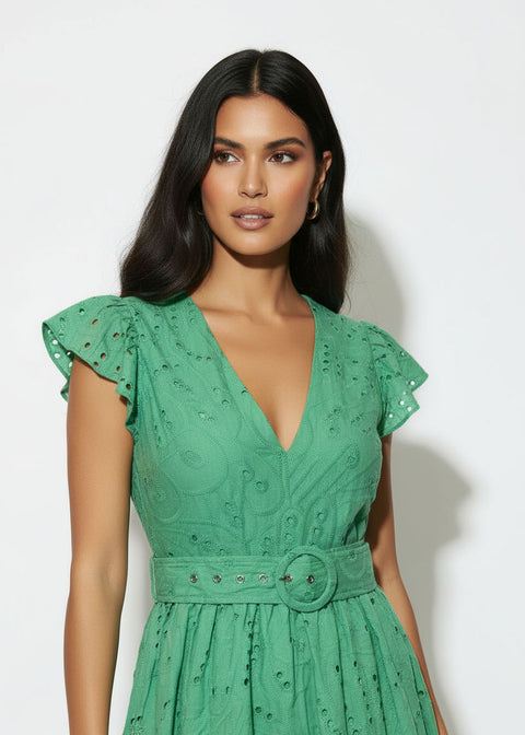 MA811984 GRN  Embroidered Midi Dress