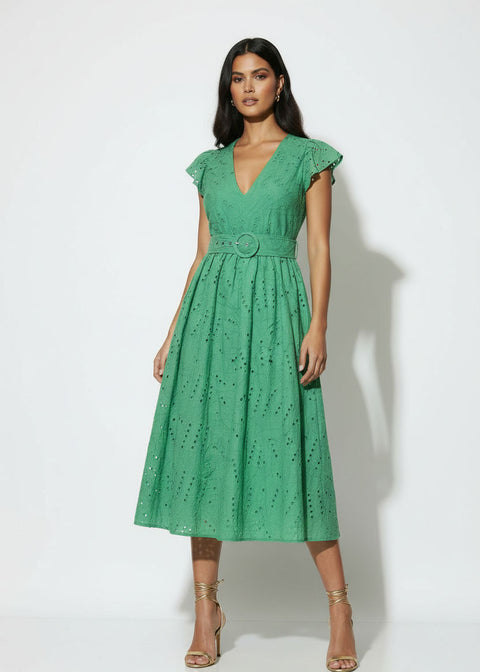 MA811984 GRN  Embroidered Midi Dress