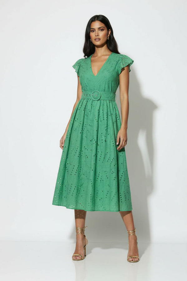 MA811984 GRN  Embroidered Midi Dress