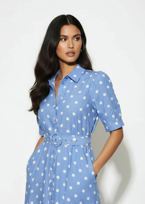 MA81209-D428BLU POLKA DOT MIDI DRESS