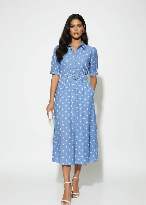 MA81209-D428BLU POLKA DOT MIDI DRESS