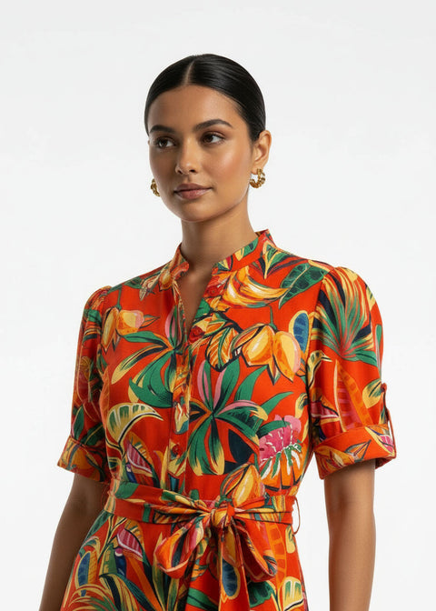 MA81227-D359 ORG Tropical Print Button-Down Midi Dress - Marc Angelo