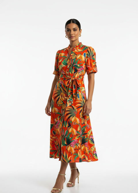 MA81227-D359 ORG Tropical Print Button-Down Midi Dress - Marc Angelo