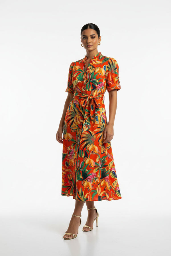 MA81227-D359 ORG Tropical Print Button-Down Midi Dress - Marc Angelo