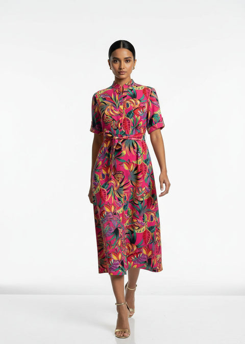 MA81227-D359 PNK Tropical Print Button-Down Midi Dress - Marc Angelo