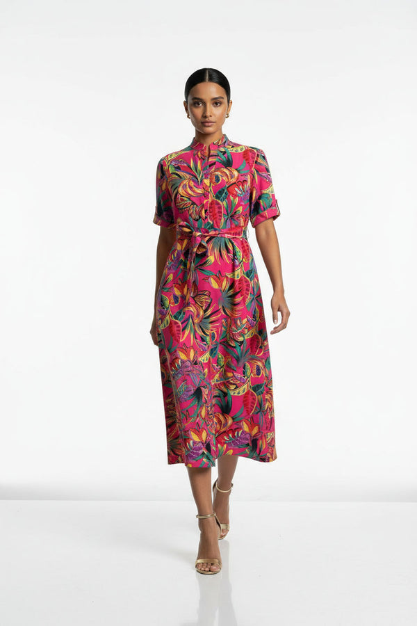 MA81227-D359 PNK Tropical Print Button-Down Midi Dress - Marc Angelo