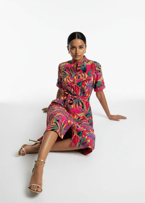 MA81227-D359 PNK Tropical Print Button-Down Midi Dress - Marc Angelo